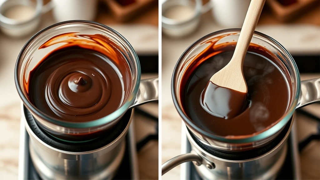 process: Melting dark chocolate in a glass bowl over a double boiler, rubber spatula stirring, steam rising, kitchen background, photorealistic, natural light, no text