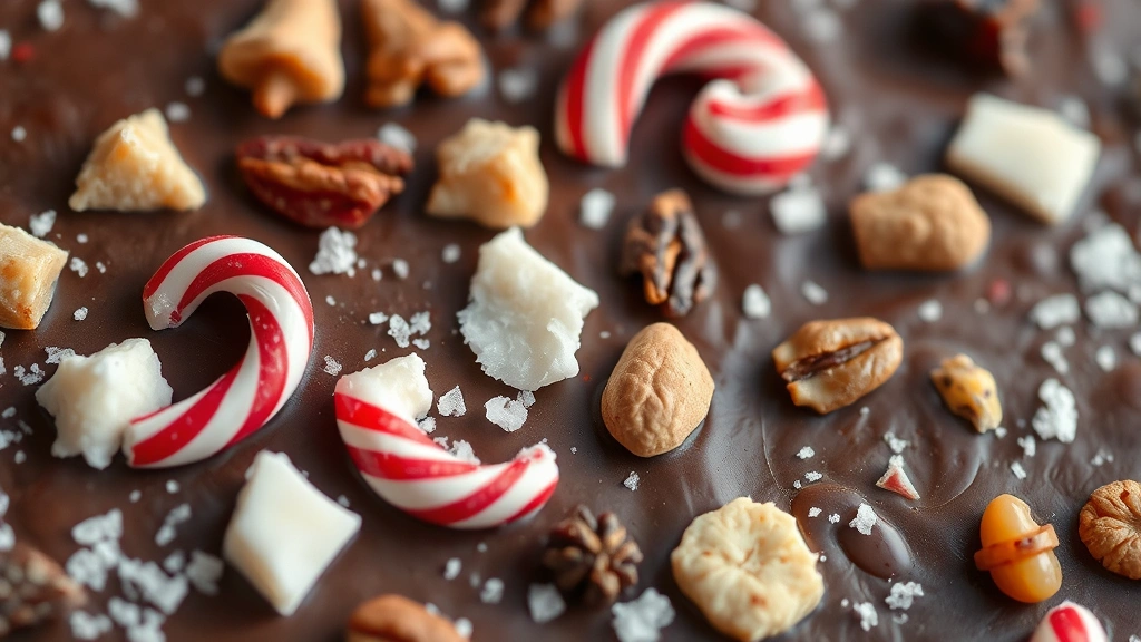 detail: Close-up of finished Christmas bark showing texture of candy canes, nuts, dried fruit, and salt crystals on chocolate, photorealistic, natural macro lighting, no text