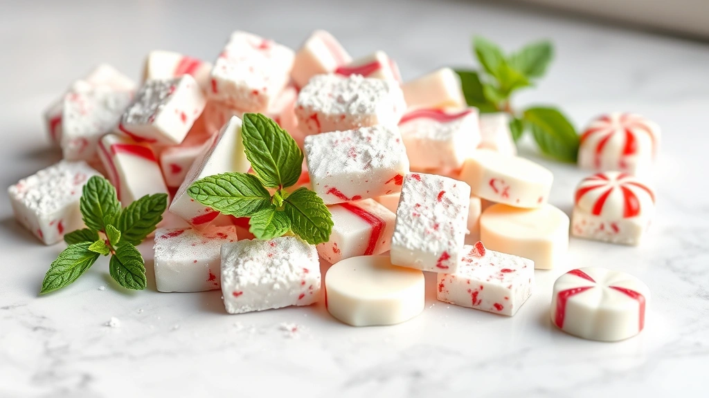 hero: glossy homemade peppermint hard candy pieces, some dusted with powdered sugar, some dipped in white chocolate, arranged on white marble surface with fresh peppermint sprigs, photorealistic, natural window light, no text
