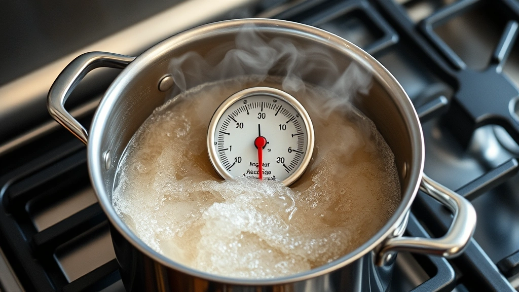 process: candy thermometer in bubbling hot sugar mixture in stainless steel saucepan over stovetop, steam rising, photorealistic, natural kitchen lighting, no text