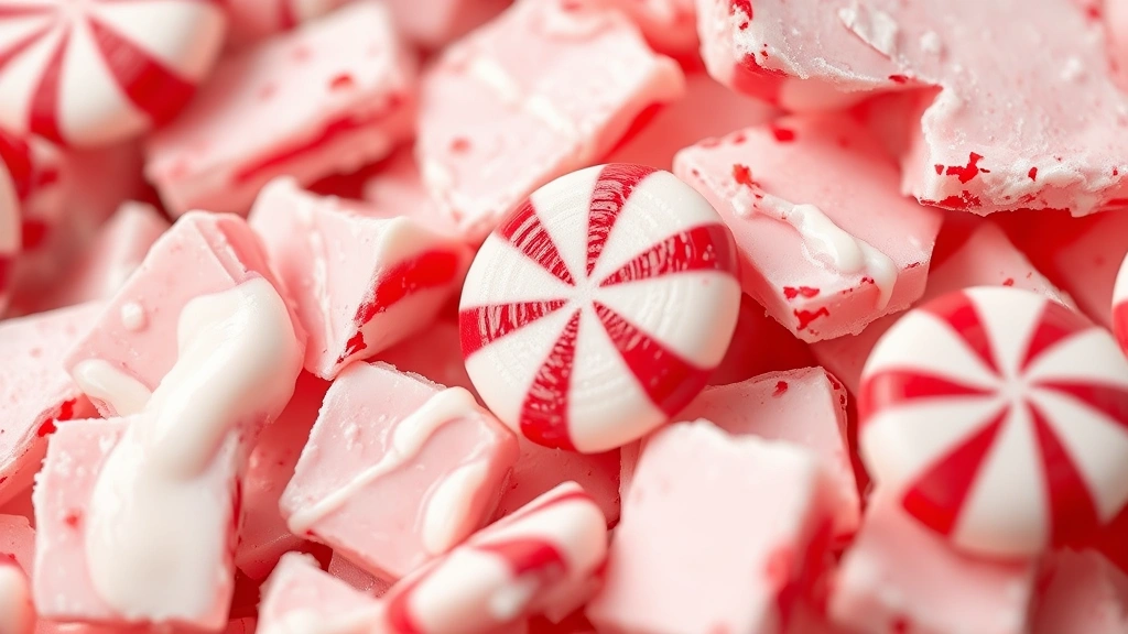 detail: close-up of broken peppermint candy pieces showing glossy glass-like texture and smooth surface, with white chocolate drips visible, photorealistic, macro photography, natural light, no text