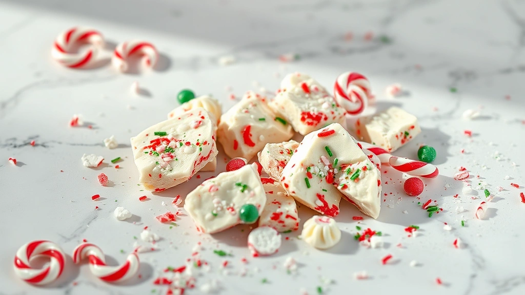 hero: Christmas Crack candy broken into pieces on white marble surface with scattered crushed candy canes and red-green sprinkles, natural morning light from left, no text, festive holiday styling