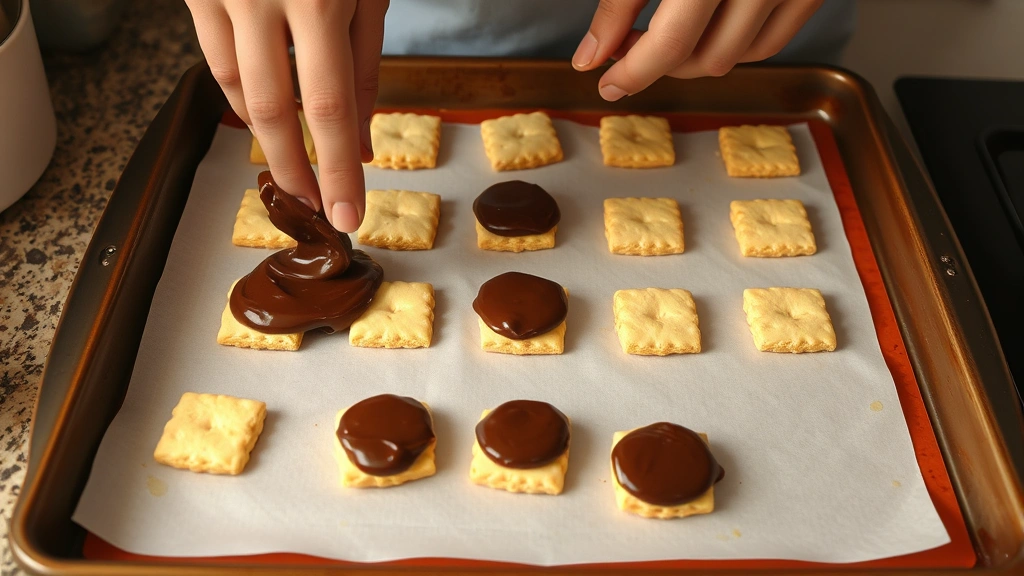 process: hands spreading melted chocolate over buttered crackers on baking sheet, golden caramel visible underneath, warm kitchen lighting, no text