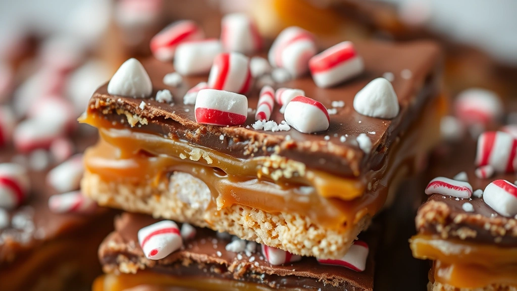 detail: close-up of Christmas Crack piece showing layers of crispy cracker, caramel, chocolate, and candy cane topping, shallow depth of field, natural light, no text