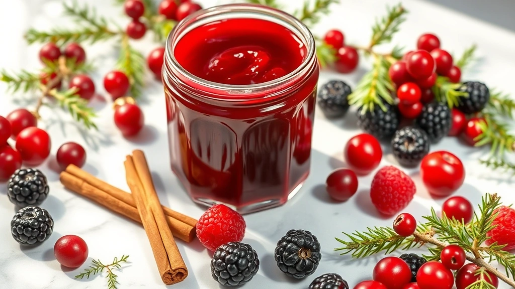hero: glossy ruby-red Christmas jam in a clear glass jar surrounded by fresh cranberries, raspberries, blackberries, and cinnamon sticks on a white marble surface, morning sunlight streaming in, no text, festive holiday styling with evergreen sprigs