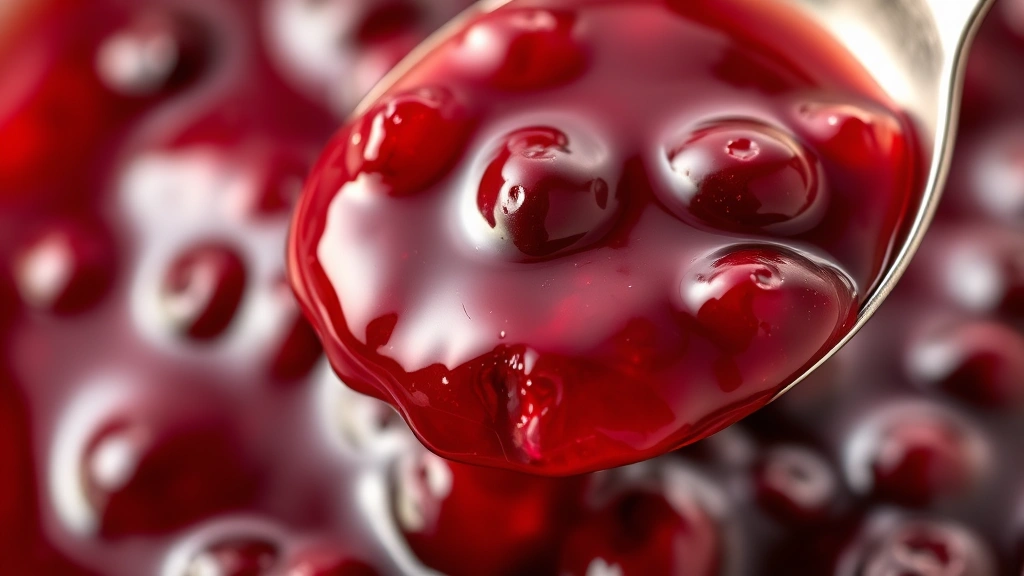 detail: extreme close-up of finished Christmas jam with visible berry pieces suspended in glossy setting, spoon lifting jam showing perfect consistency, jewel-toned deep red color, warm natural light, no text, macro photography