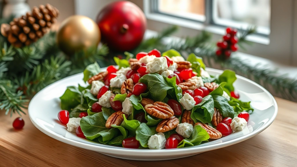 hero: beautiful Christmas salad with pomegranate seeds, goat cheese, pecans, and mixed greens on white plate, photorealistic, natural window light, festive holiday styling, no text