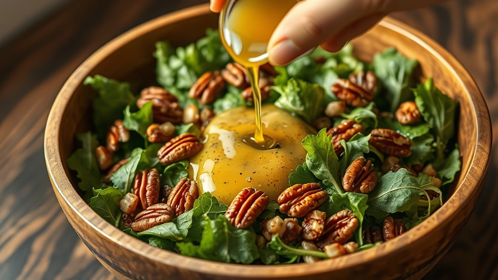 process: hand drizzling citrus vinaigrette over mixed greens in wooden bowl, toasted pecans visible, photorealistic, warm natural light, no text