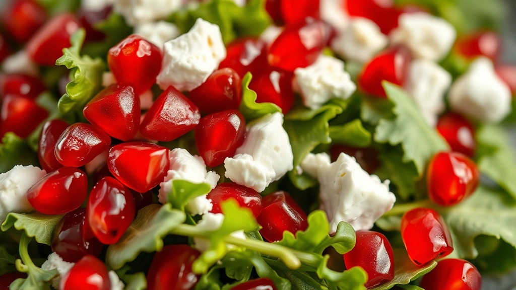 detail: close-up of pomegranate seeds and crumbled goat cheese on fresh arugula, photorealistic, bright natural light, shallow depth of field, no text