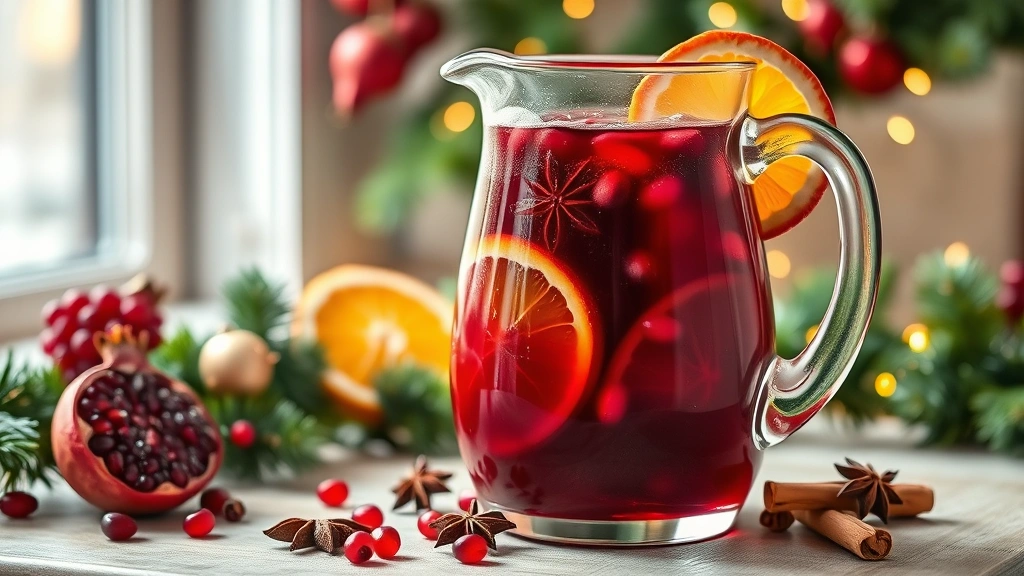 hero: Christmas sangria in a clear glass pitcher filled with deep red liquid, pomegranate seeds, orange slices, cinnamon sticks and star anise visible, festive holiday setting with evergreen garland, photorealistic, natural window light, no text
