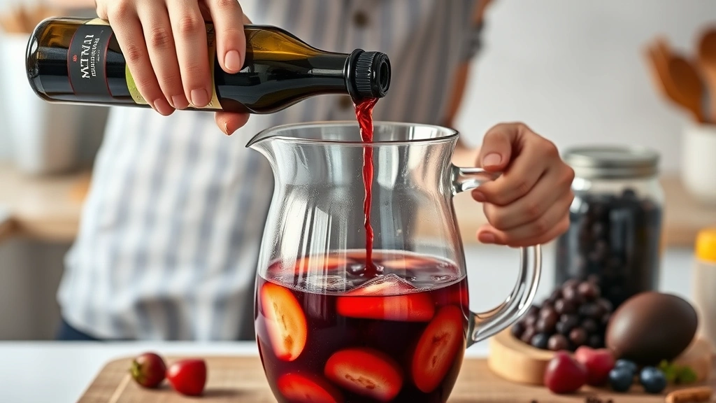process: hands pouring red wine into a large pitcher with fresh fruit and spices visible, mid-preparation sangria making, photorealistic, natural kitchen light, no text