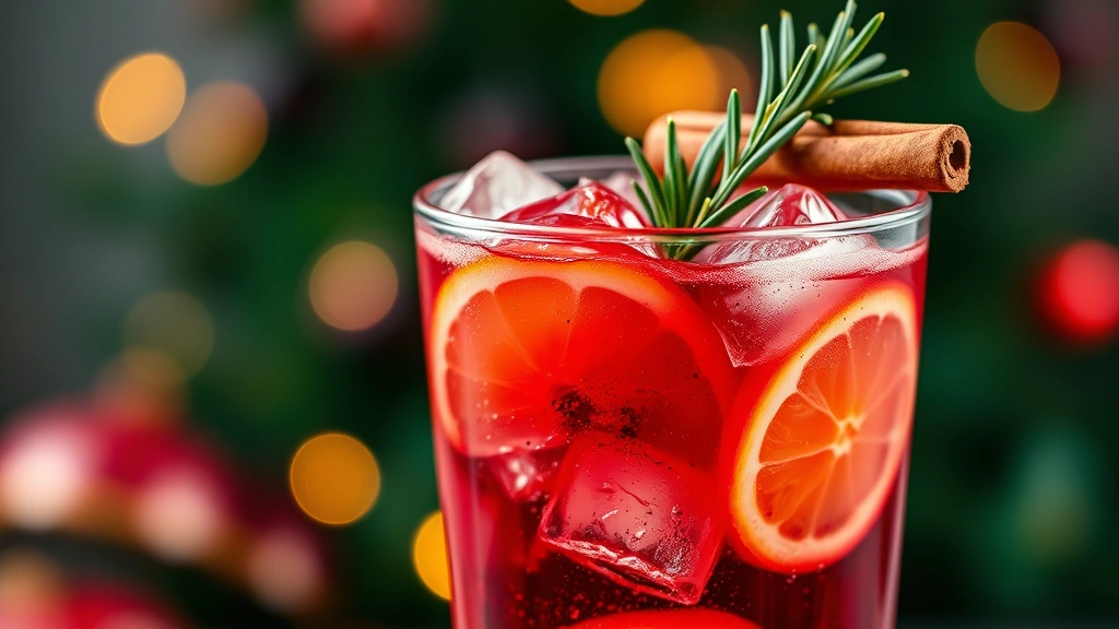detail: close-up of a filled sangria glass with ice, pomegranate seeds, citrus slices and cinnamon stick, fresh rosemary garnish on rim, photorealistic, natural light with holiday bokeh background, no text