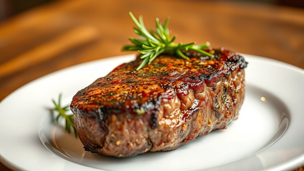 hero: perfectly seared chuck eye steak on white plate, golden brown crust, fresh rosemary and thyme garnish, warm lighting, shallow depth of field