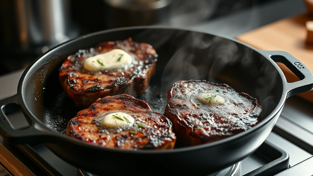 process: cast iron skillet with steaks searing, butter foaming, garlic and herbs visible, steam rising, professional kitchen lighting