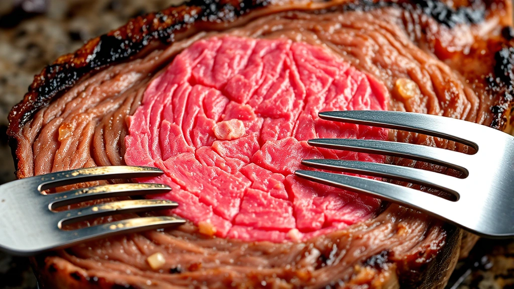detail: close-up cross-section of cooked chuck eye steak showing pink medium-rare center, beautiful pink ring, visible marbling, fork beside it