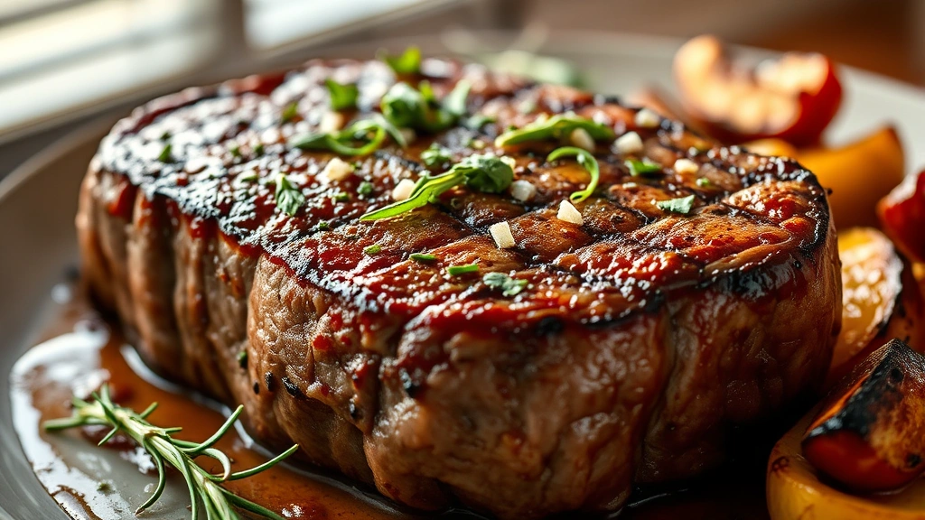 hero: perfectly seared chuck steak with golden-brown crust, fresh herbs sprinkled on top, steam rising, plated with roasted vegetables, professional food photography, warm natural lighting, shallow depth of field