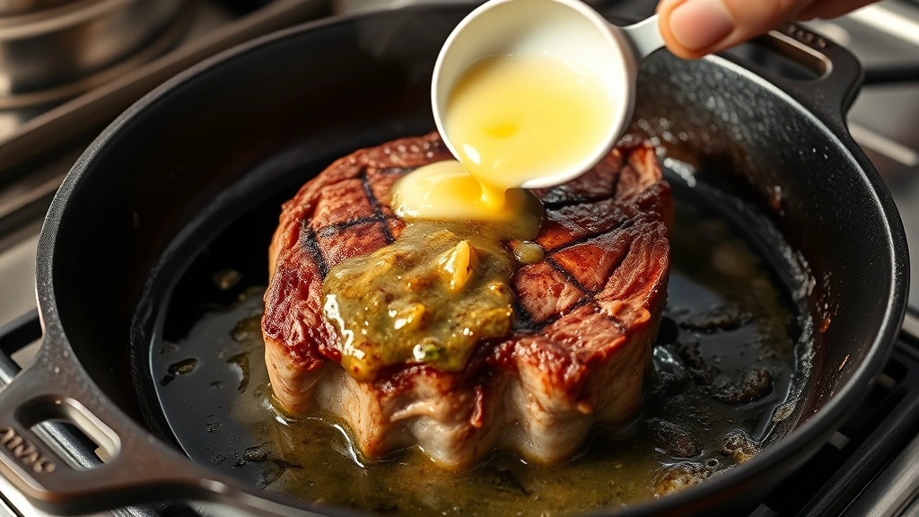 process: cast iron skillet with sizzling chuck steak being basted with foaming butter and garlic, butter dripping down the sides, pan sauce bubbling, professional kitchen lighting, close-up action shot