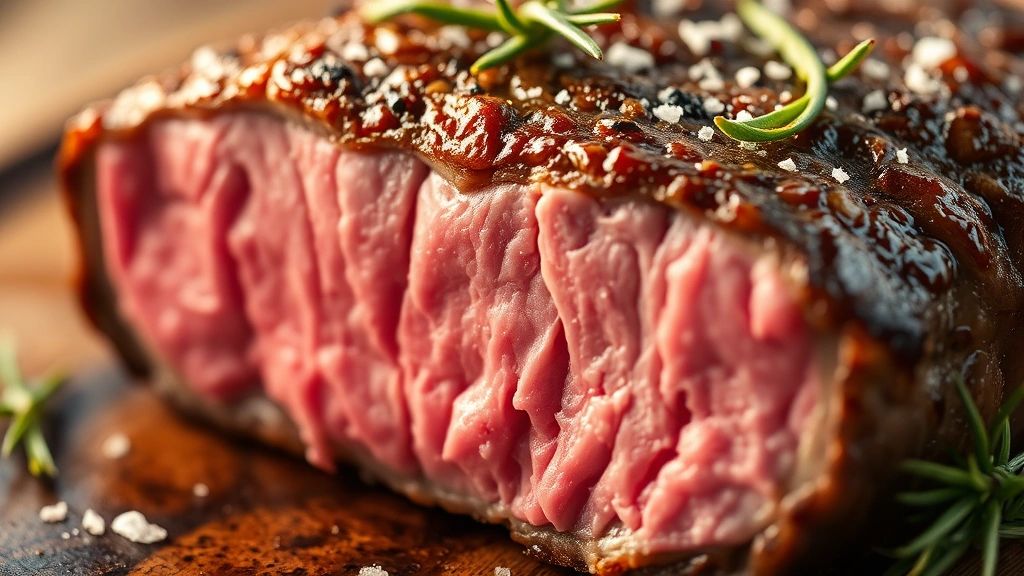 detail: close-up of perfectly cooked chuck steak cross-section showing pink medium-rare interior with beautiful golden-brown crust, sea salt flakes visible, fresh thyme and rosemary garnish, macro photography, warm golden light
