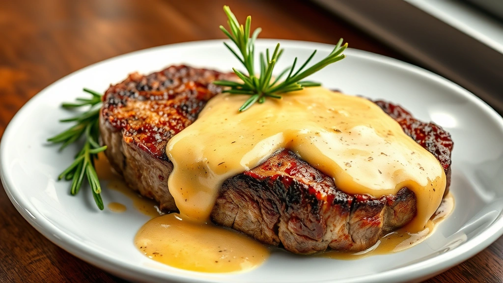 hero: perfectly seared chuck steak with golden-brown crust, topped with creamy pan sauce and fresh rosemary sprigs, plated on white ceramic dish, photorealistic, warm natural window light, appetizing food photography, no text