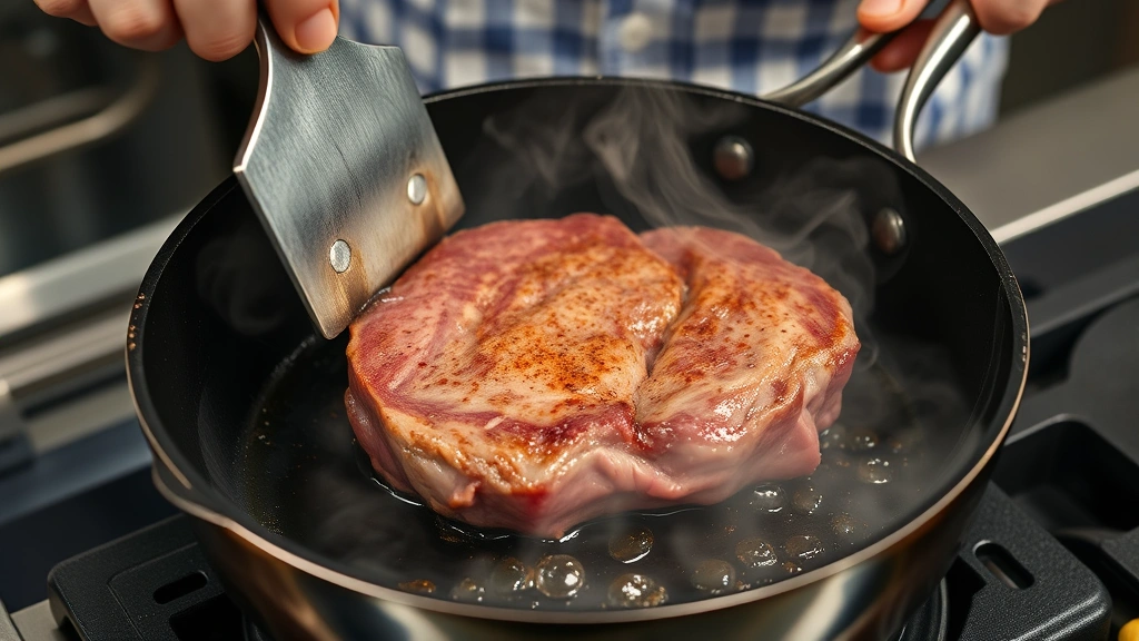 process: chef searing chuck steak in cast-iron skillet with visible smoke and sizzle, golden crust forming on meat surface, photorealistic, kitchen lighting, cooking action shot, no text