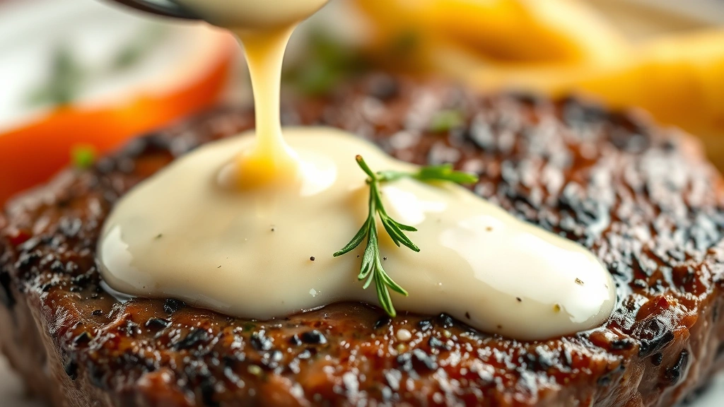 detail: close-up macro shot of creamy pan sauce being drizzled over seared chuck steak, fresh herbs visible, photorealistic, shallow depth of field, natural light, no text