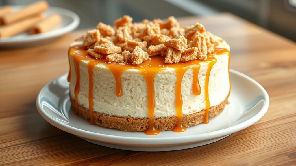 hero: whole churro cheesecake with caramel drizzle and crushed churro topping on white plate, photorealistic, natural window light, no text