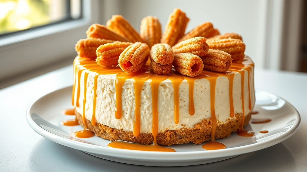 hero: Whole churro cheesecake with golden fried churros arranged on top, dulce de leche drizzle, served on white plate, photorealistic, natural window light, no text