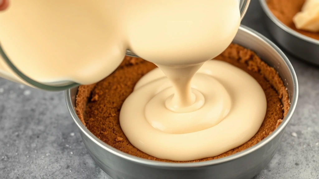 process: pouring creamy cheesecake batter into cinnamon graham cracker crust in springform pan, photorealistic, natural light, no text