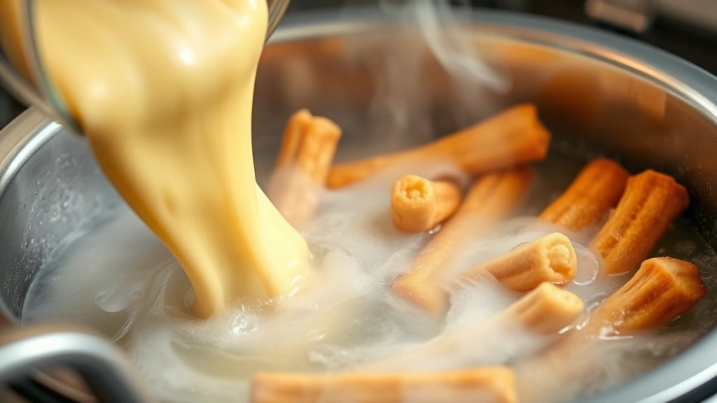 process: Pouring churro dough into hot oil in deep fryer, churros frying golden brown, steam rising, photorealistic, kitchen lighting, no text