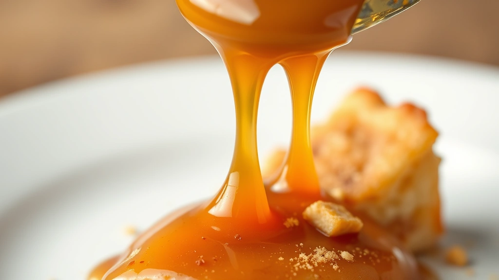 detail: close-up of caramel sauce dripping down slice with churro pieces and cinnamon sugar garnish, photorealistic, natural light, no text