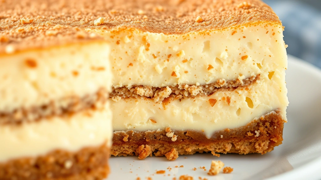 detail: Close-up cross-section of churro cheesecake showing creamy filling layers, cinnamon crust bottom, crispy churro topping with cinnamon sugar coating, photorealistic, bright natural light, no text