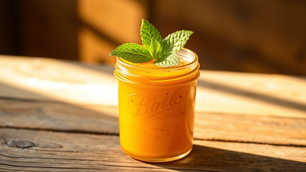 hero: golden-amber mango chutney in a clear glass jar with warm sunlight streaming through, garnished with fresh mint leaf on top, rustic wooden table, no text