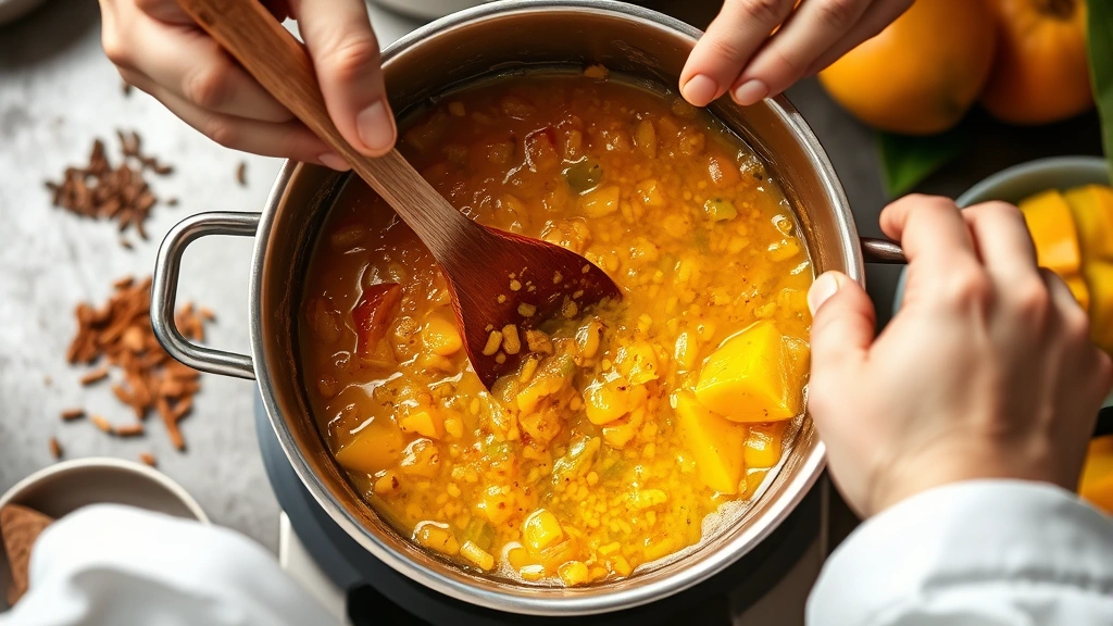 process: chef hands stirring bubbling mango chutney in stainless steel pot with wooden spoon, golden liquid catching light, spices and fresh mangoes visible nearby, natural kitchen lighting, no text