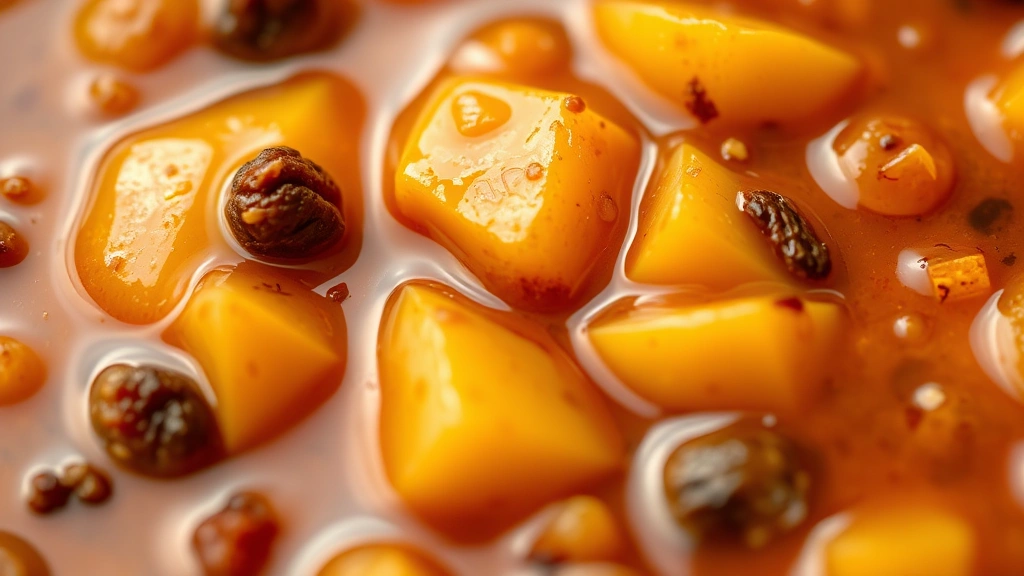 detail: close-up macro shot of mango chutney texture showing mango chunks, raisins, and spices suspended in glossy amber sauce, shallow depth of field, no text