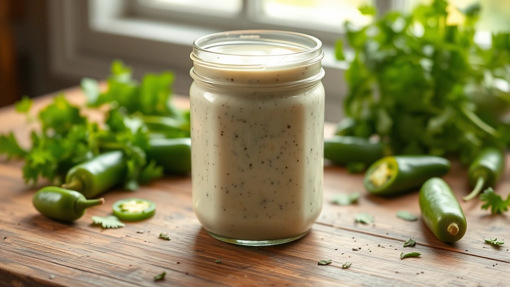 hero: creamy jalapeño ranch dressing in a glass jar with fresh jalapeños and cilantro scattered around, photorealistic, natural window light, no text, rustic wooden table