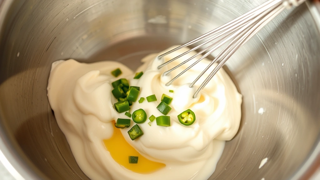 process: whisking mayonnaise and sour cream in a metal bowl with fresh chopped jalapeños visible, photorealistic, bright kitchen lighting, no text