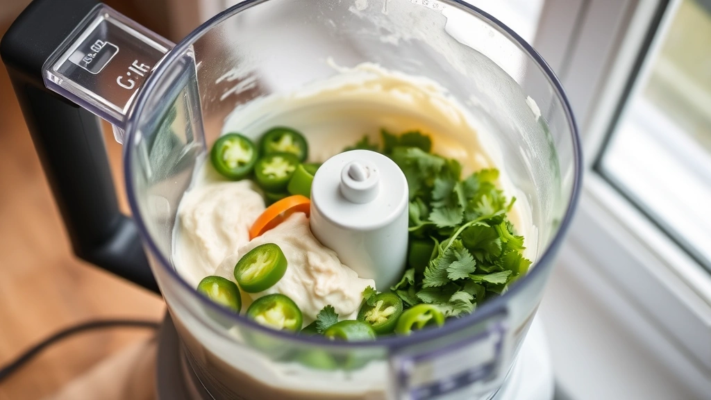 process: food processor blending fresh jalapeños and cilantro with creamy ingredients, mid-blend action shot, natural window lighting, close-up angle, no text