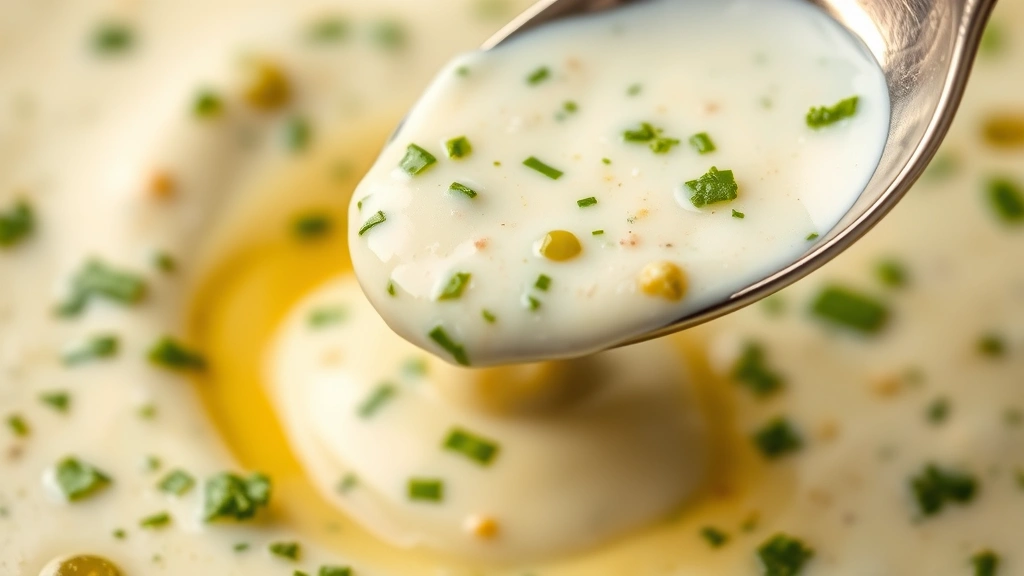 detail: close-up macro shot of jalapeño ranch dressing texture showing cilantro pieces and jalapeño flecks, spoon drizzling sauce, shallow depth of field, natural light, no text