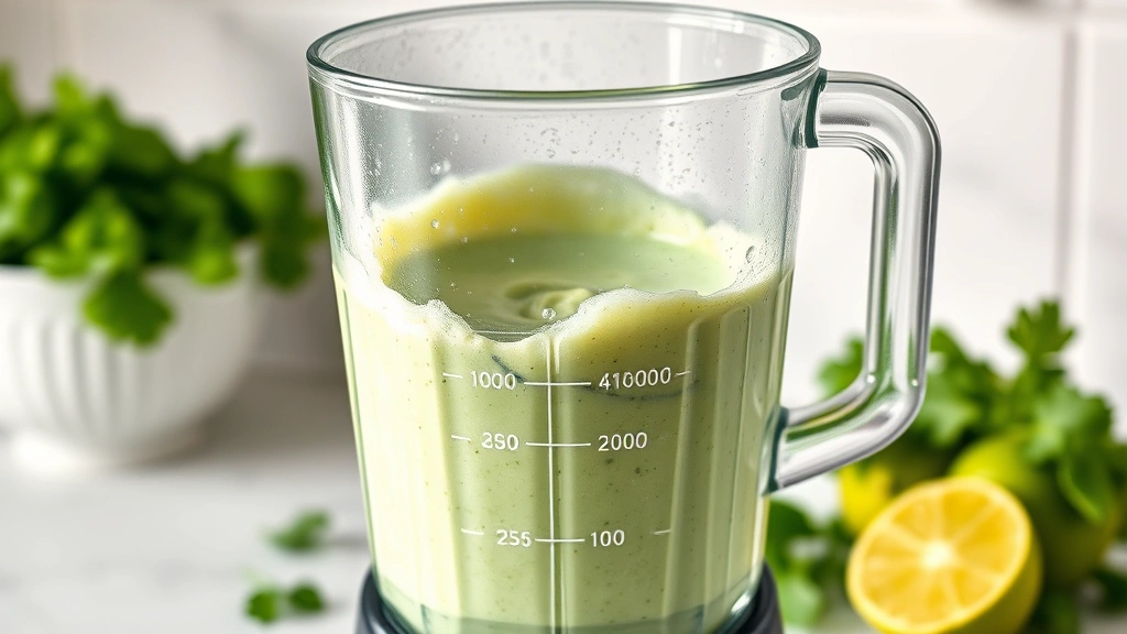 process: blender with creamy cilantro mixture mid-blend, fresh cilantro and lime visible nearby, photorealistic, natural kitchen light, side angle, no text