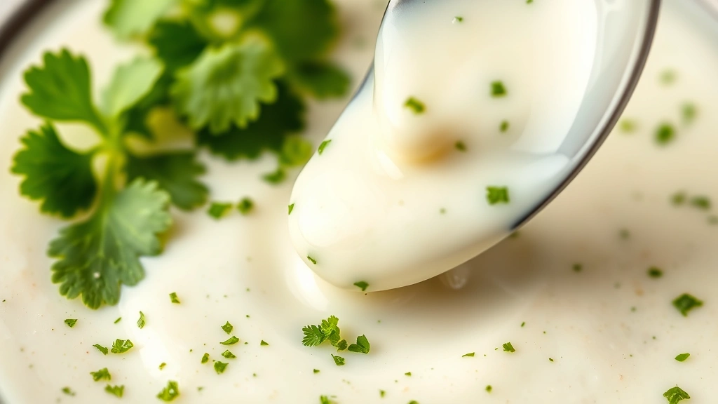 detail: close-up of cilantro lime crema texture with cilantro flecks visible, spoon drizzling crema, photorealistic, macro photography, natural light, white background