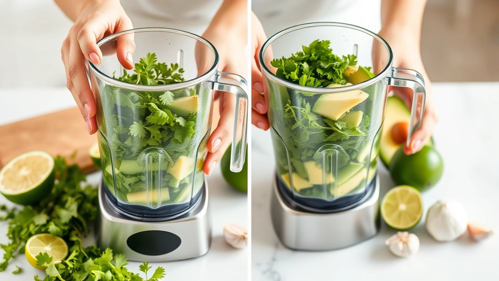 process: hands blending cilantro and avocado in stainless steel blender, fresh lime halves and garlic cloves nearby, bright kitchen counter, natural daylight, photorealistic, no text