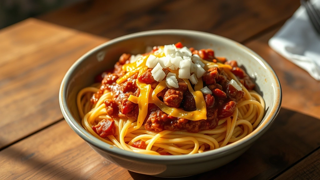 hero: bowl of Cincinnati chili served over spaghetti topped with melted sharp cheddar cheese and diced onions, photorealistic, natural daylight streaming from the side, no text, ceramic bowl on rustic wooden table