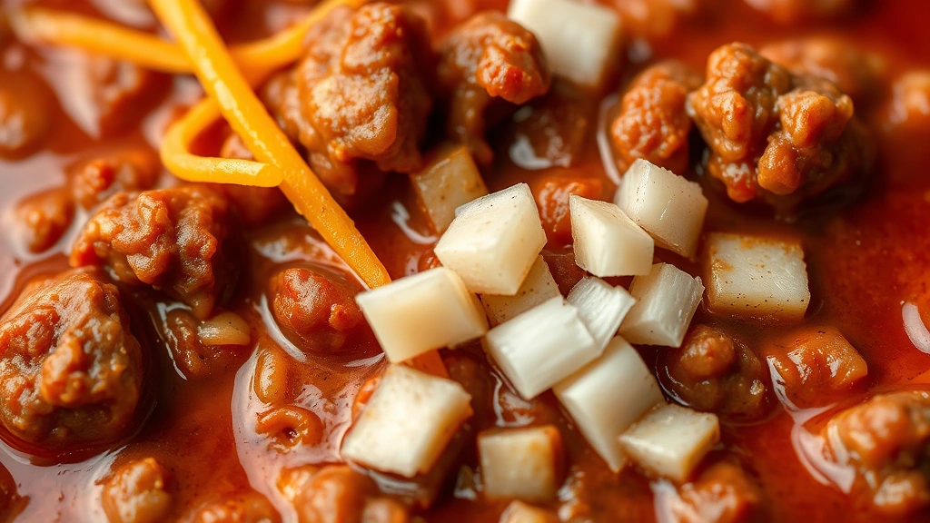 detail: close-up of Cincinnati chili with visible ground beef, cinnamon color, melted cheese strings, diced onion garnish, photorealistic, macro photography, natural light, no text