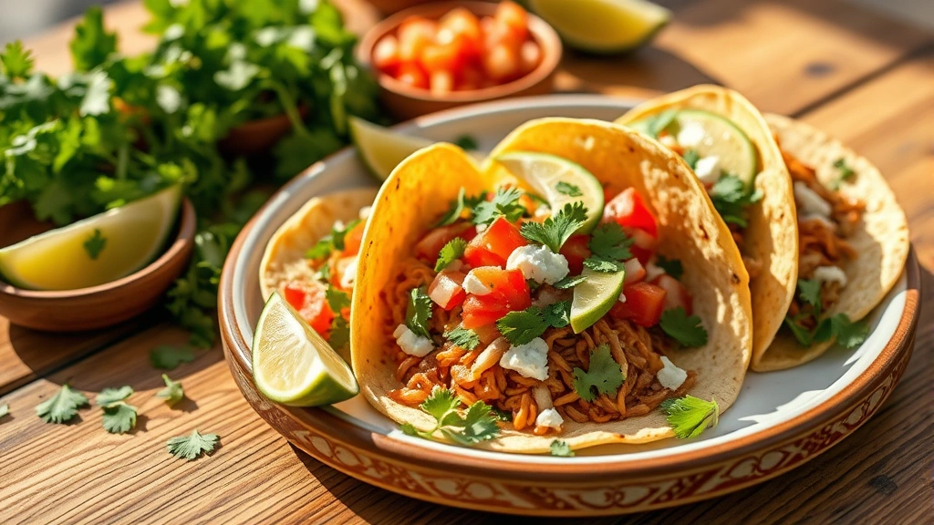 hero: beautifully plated Cinco de Mayo tacos with fresh cilantro, lime wedges, and colorful toppings, warm corn tortillas, natural afternoon sunlight streaming across wooden table, close-up professional food photography