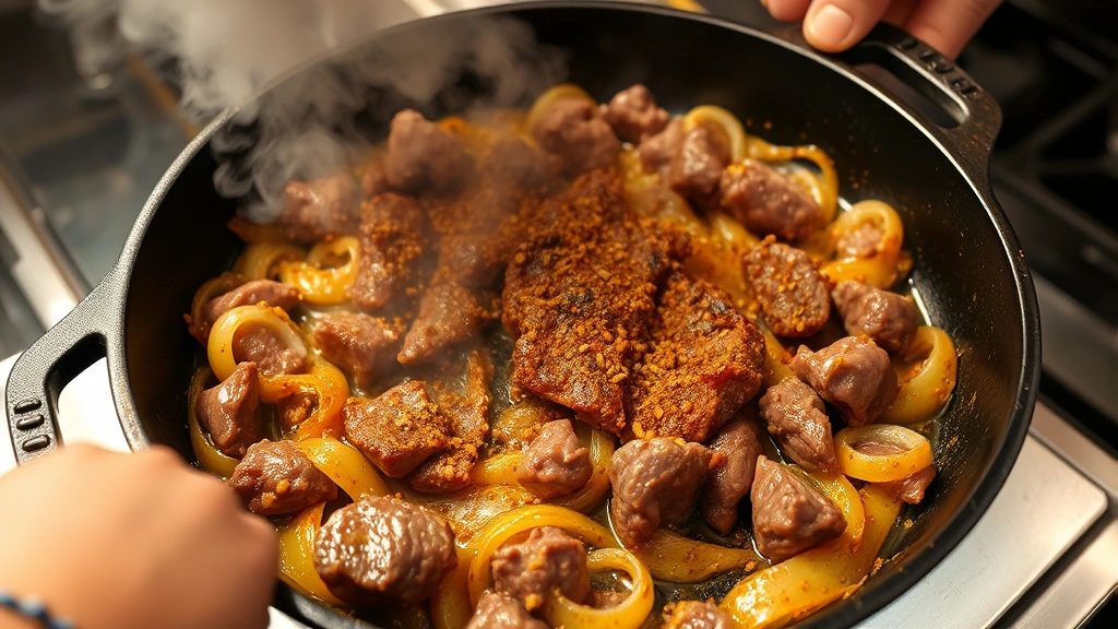 process: sizzling seasoned beef cooking in cast-iron skillet with caramelized onions and garlic, steam rising, chef's hands visible, bright kitchen lighting, action shot