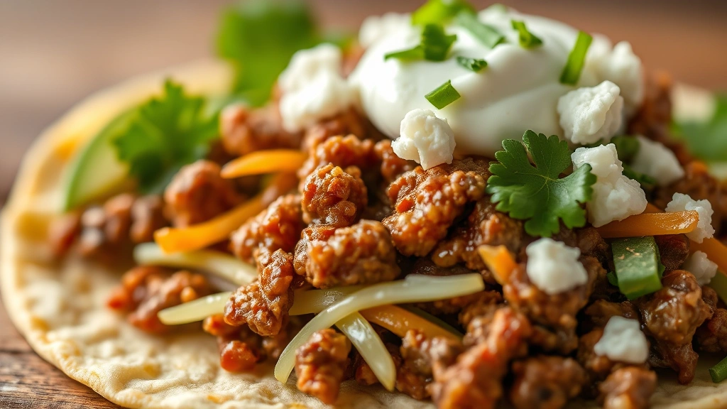 detail: extreme close-up of single taco with layers of seasoned beef, creamy avocado, crispy cabbage, fresh cilantro, white cheese crumbles, dollop of sour cream, soft focus background, natural lighting