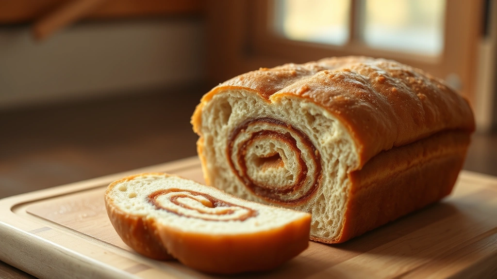 hero: freshly baked cinnamon donut bread loaf sliced in half, golden brown exterior with cinnamon swirl visible inside, warm lighting from window, wooden cutting board background, no text