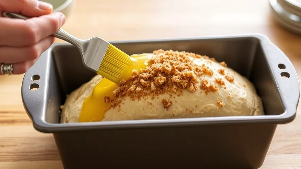process: hands brushing melted butter and cinnamon sugar topping onto raw bread batter in loaf pan, close-up side view, natural kitchen lighting, no text