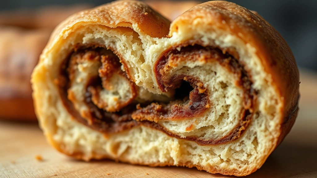 detail: close-up cross-section of sliced cinnamon donut bread showing swirled cinnamon layers and tender crumb, shallow depth of field, warm natural light, no text