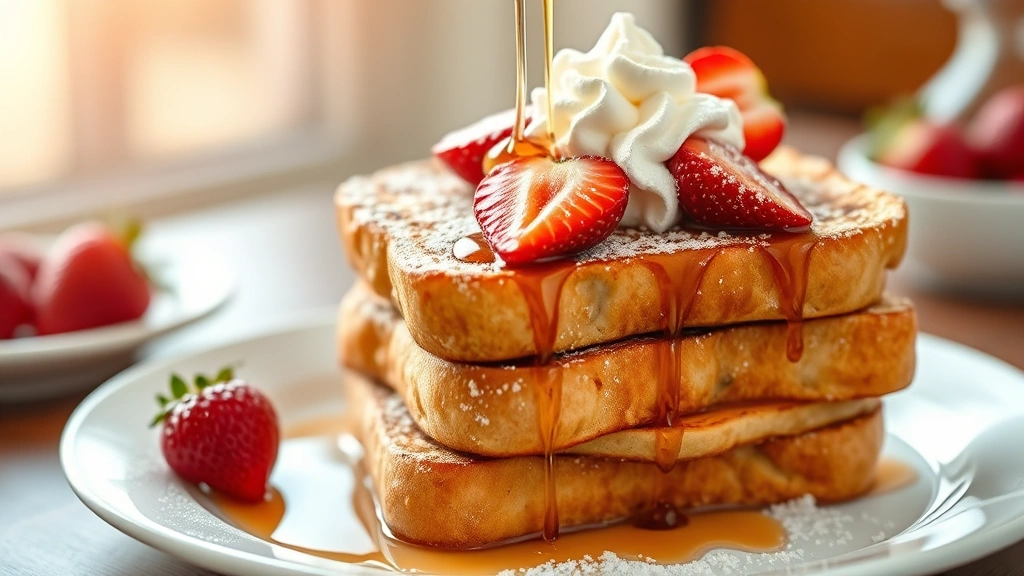 hero: stack of golden brown cinnamon French toast on white plate, dusted with powdered sugar, topped with fresh strawberries and whipped cream, maple syrup drizzling down, warm natural morning light, shallow depth of field, professional food photography